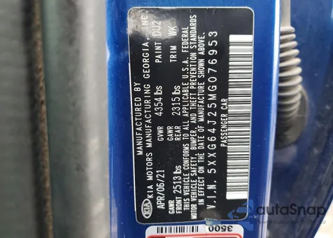 2021 Kia K5 Gt Line z USA, uszkodzony, nr VIN 5XXG64J25MG076953